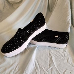 Keds X-Kate Spade--Double Decker Slip On Velvet Shoes--Black Glitter Dot Detail